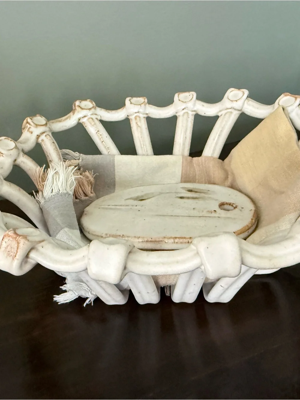 Rustic White Ceramic Decorative Bowl Basket with ceramic “weight”